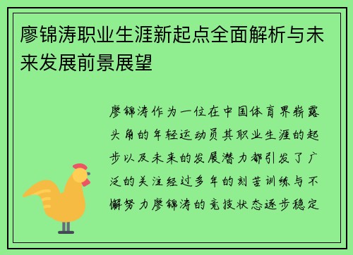廖锦涛职业生涯新起点全面解析与未来发展前景展望