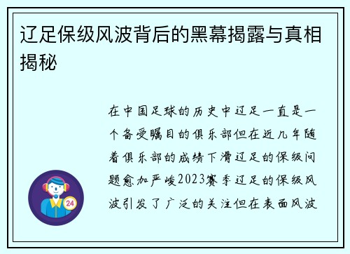 辽足保级风波背后的黑幕揭露与真相揭秘 辽足保级风波背后的黑幕揭露与真相揭秘