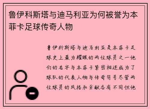 鲁伊科斯塔与迪马利亚为何被誉为本菲卡足球传奇人物